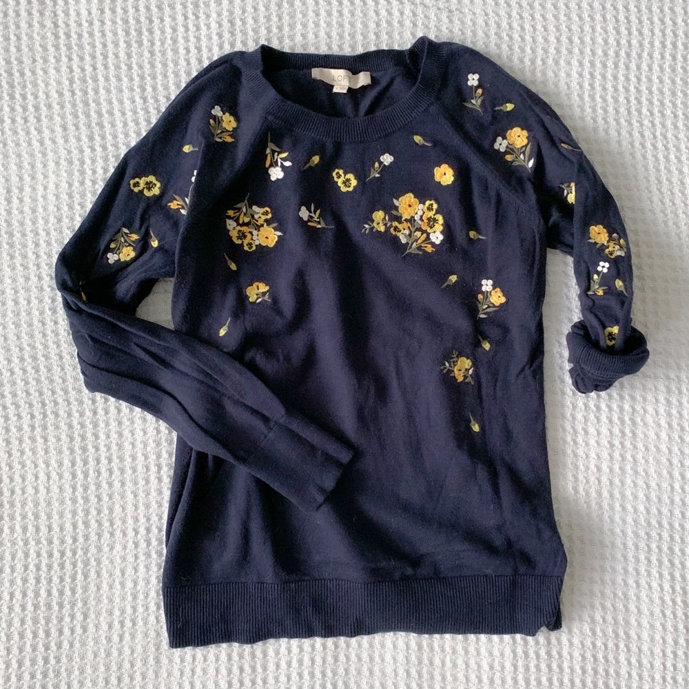 Navy sweater with embroidered florals
